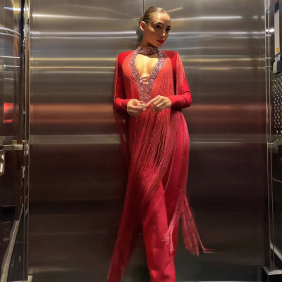 Red Sequined Tassel Jumpsuit 11