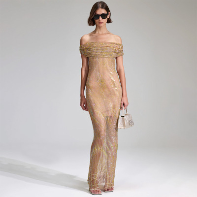 One-shoulder gold sequined slim-fit maxi dress 33