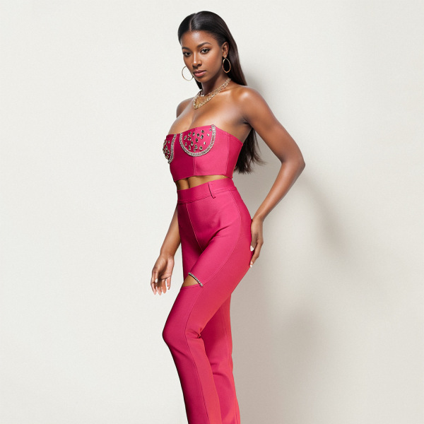Pink rhinestone jumpsuit two-piece suit 54