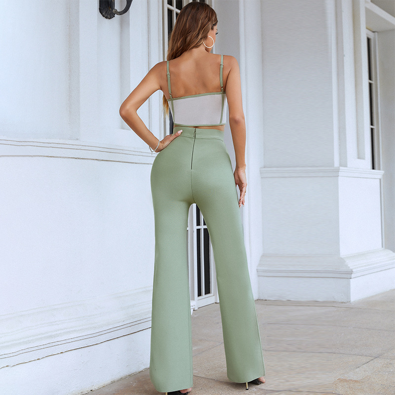 Green high waist wide leg pants suit 44