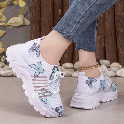 Women Butterfly Print Breathable Mesh Chunky Sneakers